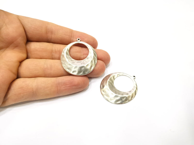 2 Silver Hammered Charms Antique Silver Plated Charms (39x33mm)  G17103