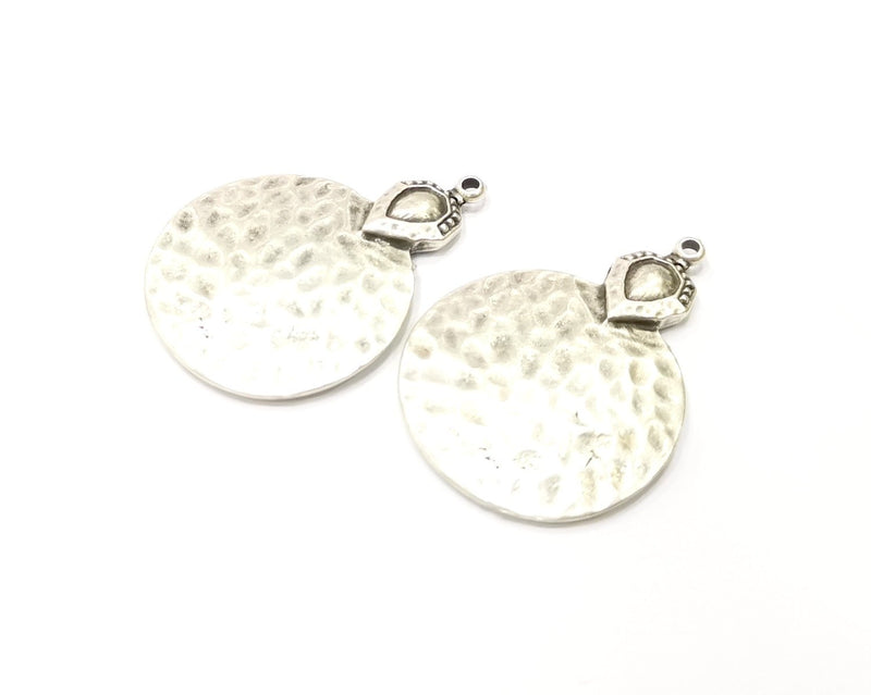 2 Silver Hammered Charms Antique Silver Plated Charms (41x29mm)  G17110