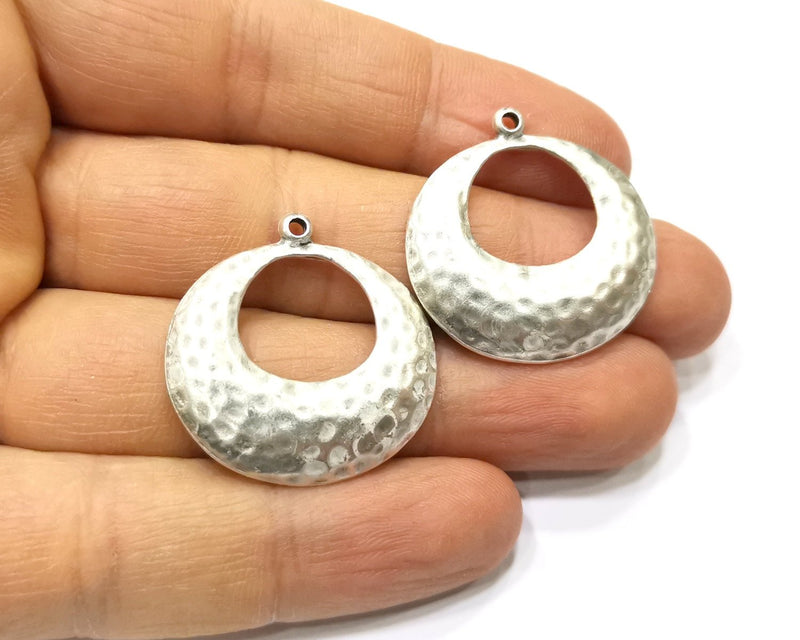 2 Silver Hammered Charms Antique Silver Plated Charms (30mm)  G17115