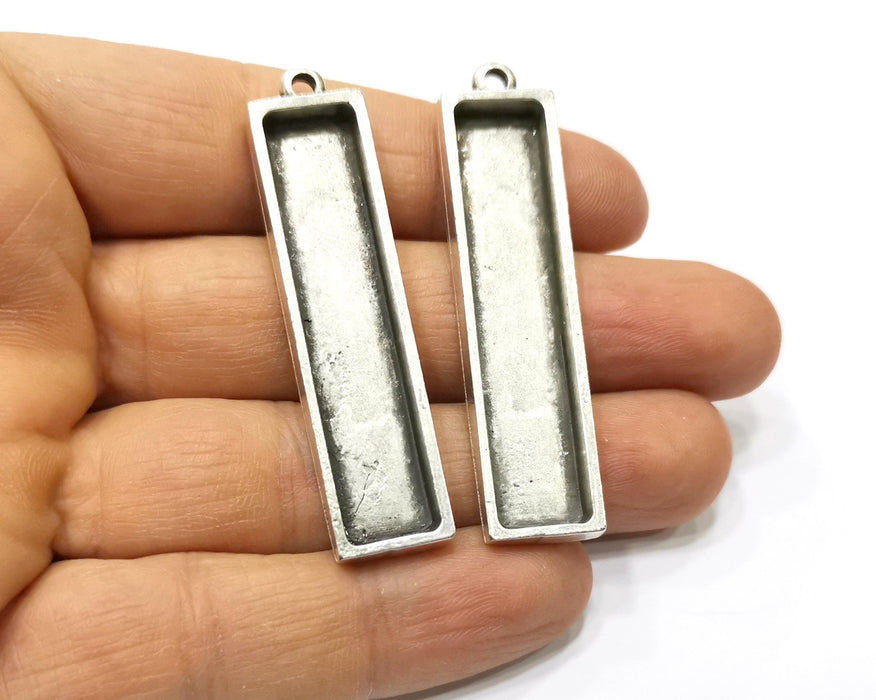 2 Silver Pendant Blank Base inlay Blank Resin Bezel Mosaic Mountings Antique Silver Plated Metal (50x10 mm blank )  G17134