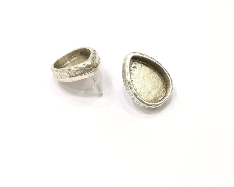 Earring Blank Backs Silver Base Setting Hammered Resin Blank Cabochon Base inlay Mounting Antique Silver Plated (18x13mm) 1 Pair G17139