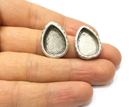 Earring Blank Backs Silver Base Setting Hammered Resin Blank Cabochon Base inlay Mounting Antique Silver Plated (18x13mm) 1 Pair G17139
