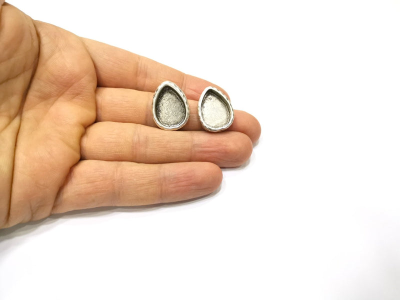 Earring Blank Backs Silver Base Setting Hammered Resin Blank Cabochon Base inlay Mounting Antique Silver Plated (18x13mm) 1 Pair G17139