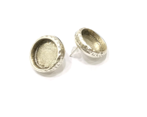 Earring Blank Backs Silver Base Setting Hammered Resin Blank Cabochon Base inlay Mounting Antique Silver Plated (16mm) 1 Pair G17140