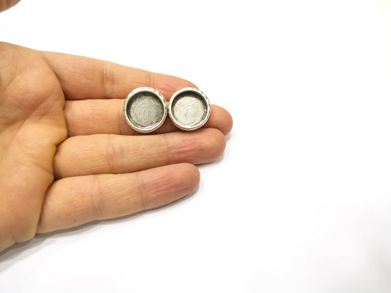 Earring Blank Backs Silver Base Setting Hammered Resin Blank Cabochon Base inlay Mounting Antique Silver Plated (16mm) 1 Pair G17140