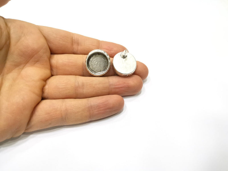 Earring Blank Backs Silver Base Setting Hammered Resin Blank Cabochon Base inlay Mounting Antique Silver Plated (16mm) 1 Pair G17140