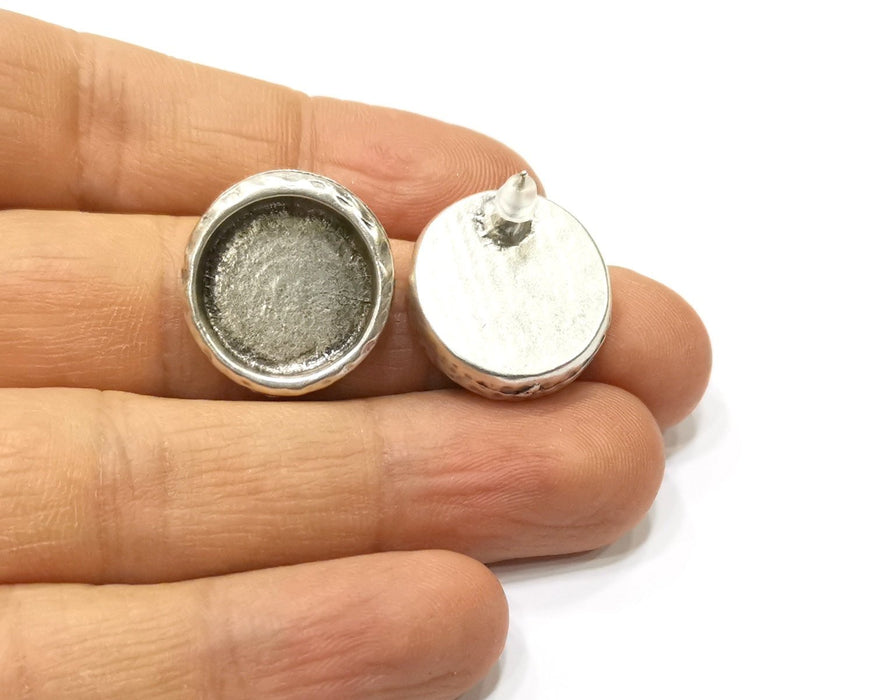 Earring Blank Backs Silver Base Setting Hammered Resin Blank Cabochon Base inlay Mounting Antique Silver Plated (16mm) 1 Pair G17140