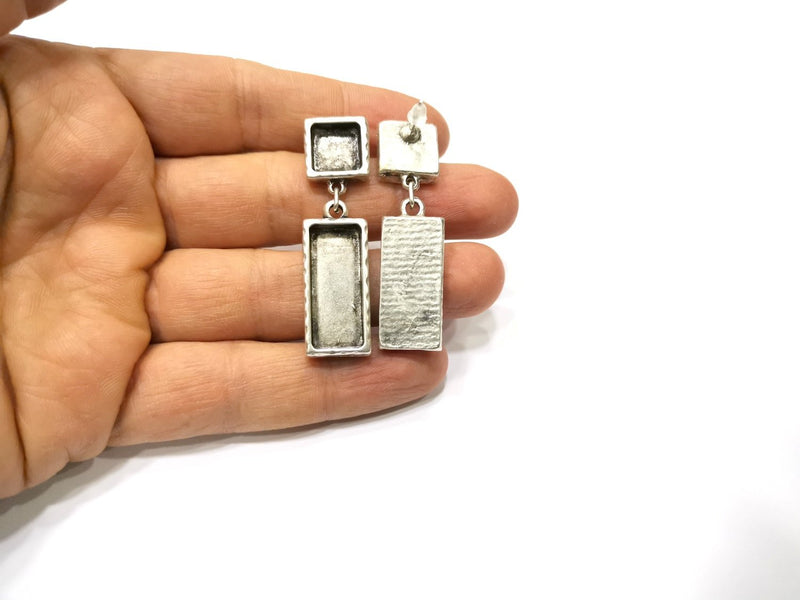Earring Blank Backs Silver Base Setting Hammered Resin Blank Cabochon Base inlay Mounting Antique Silver Plated (10+25x10mm) 1 Pair G17460