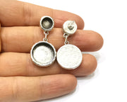 Earring Blank Backs Silver Base Setting Hammered Resin Blank Cabochon Base inlay Mounting Antique Silver Plated (8mm+16mm) 1 Pair G17142