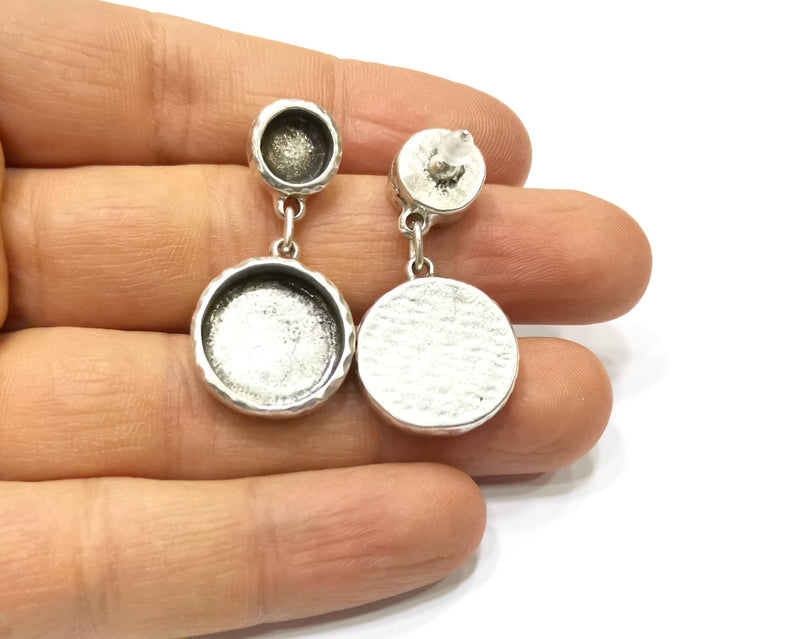 Earring Blank Backs Silver Base Setting Hammered Resin Blank Cabochon Base inlay Mounting Antique Silver Plated (8mm+16mm) 1 Pair G17142