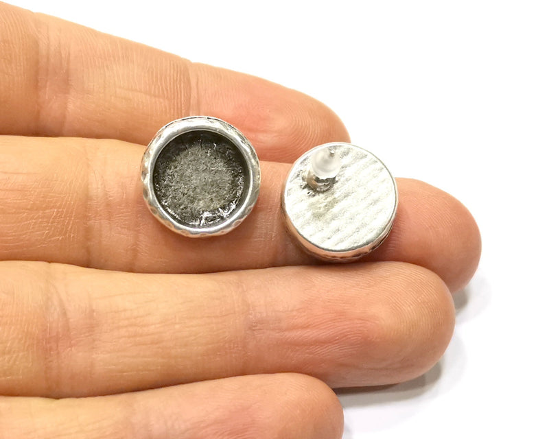 Earring Blank Backs Silver Base Setting Hammered Resin Blank Cabochon Base inlay Mounting Antique Silver Plated (12mm) 1 Pair G17143