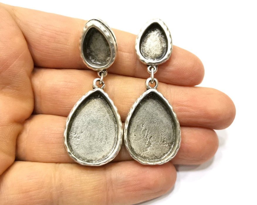 Earring Blank Backs Silver Base Setting Hammered Resin Blank Cabochon Base inlay Mounting Antique Silver Plated (25x18+14x10mm)1 Pair G15848