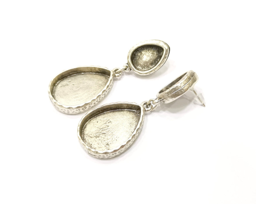 Earring Blank Backs Silver Base Setting Hammered Resin Blank Cabochon Base inlay Mounting Antique Silver Plated (25x18+14x10mm)1 Pair G15848