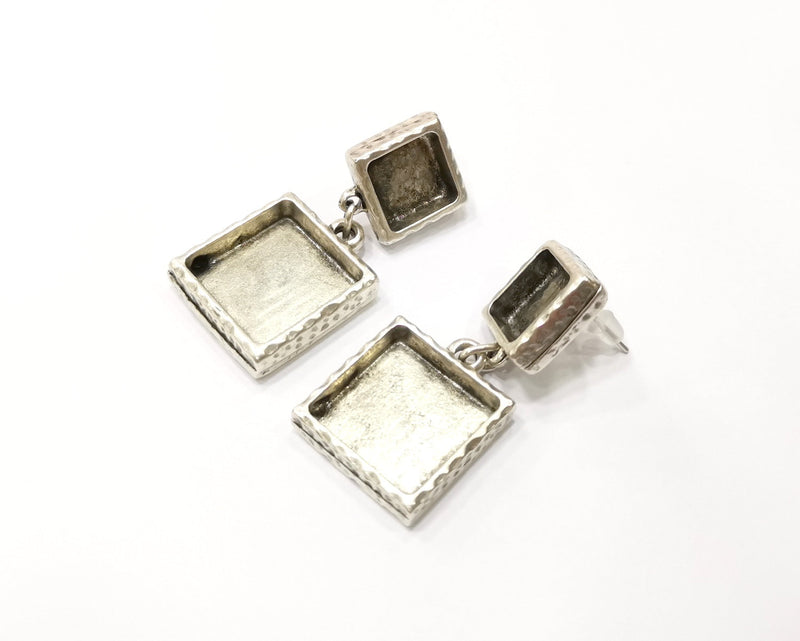 Earring Blank Backs Silver Base Setting Hammered Resin Blank Cabochon Base inlay Mounting Antique Silver Plated (10x10+16x16mm)1 Pair G17493