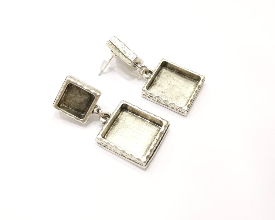 Earring Blank Backs Silver Base Setting Hammered Resin Blank Cabochon Base inlay Mounting Antique Silver Plated (10x10+16x16mm)1 Pair G17493