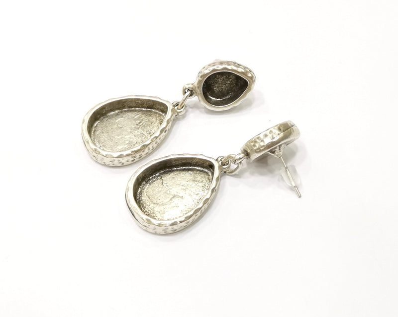 Earring Blank Backs Silver Base Setting Hammered Resin Blank Cabochon Base inlay Mounting Antique Silver Plated (18x13+10x8mm)1 Pair G17497