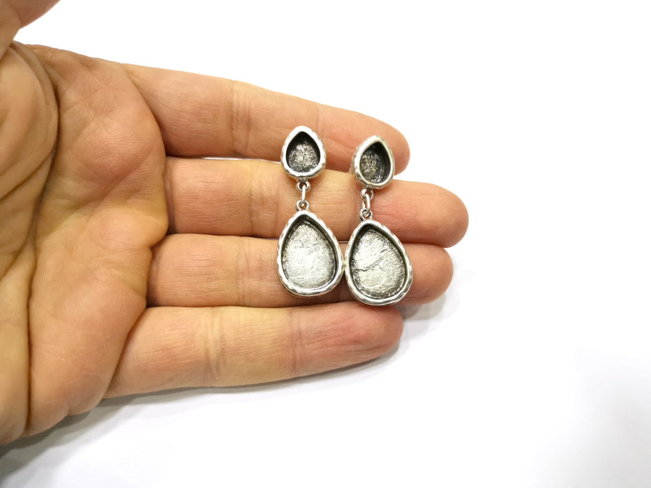 Earring Blank Backs Silver Base Setting Hammered Resin Blank Cabochon Base inlay Mounting Antique Silver Plated (18x13+10x8mm)1 Pair G17497