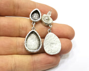 Earring Blank Backs Silver Base Setting Hammered Resin Blank Cabochon Base inlay Mounting Antique Silver Plated (18x13+10x8mm)1 Pair G17497