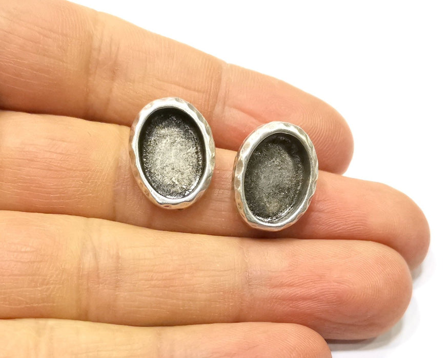 Earring Blank Backs Silver Base Setting Hammered Resin Blank Cabochon Base inlay Mounting Antique Silver Plated (14x10mm) 1 Pair G17154