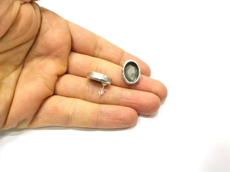 Earring Blank Backs Silver Base Setting Hammered Resin Blank Cabochon Base inlay Mounting Antique Silver Plated (14x10mm) 1 Pair G17154