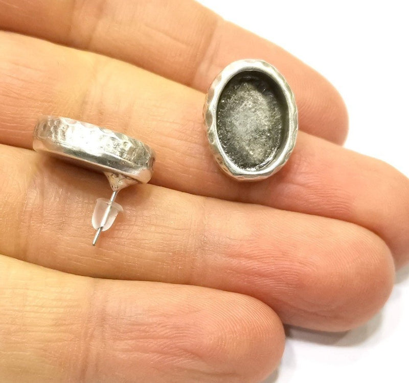 Earring Blank Backs Silver Base Setting Hammered Resin Blank Cabochon Base inlay Mounting Antique Silver Plated (14x10mm) 1 Pair G17154