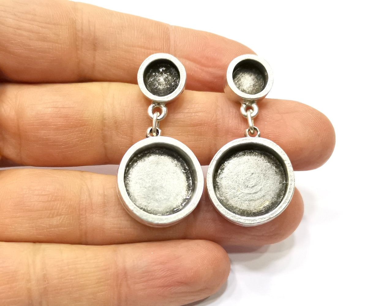 Earring Blank Base Settings Silver Resin Blank Cabochon Base inlay Blank Mountings Antique Silver Plated Metal (16mm+8mm ) 1 Pair  G17156