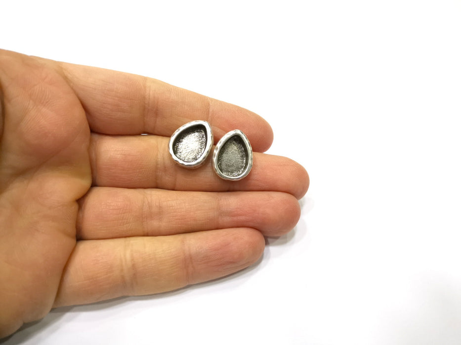 Earring Blank Backs Silver Base Setting Hammered Resin Blank Cabochon Base inlay Mounting Antique Silver Plated (14x10mm) 1 Pair G17158