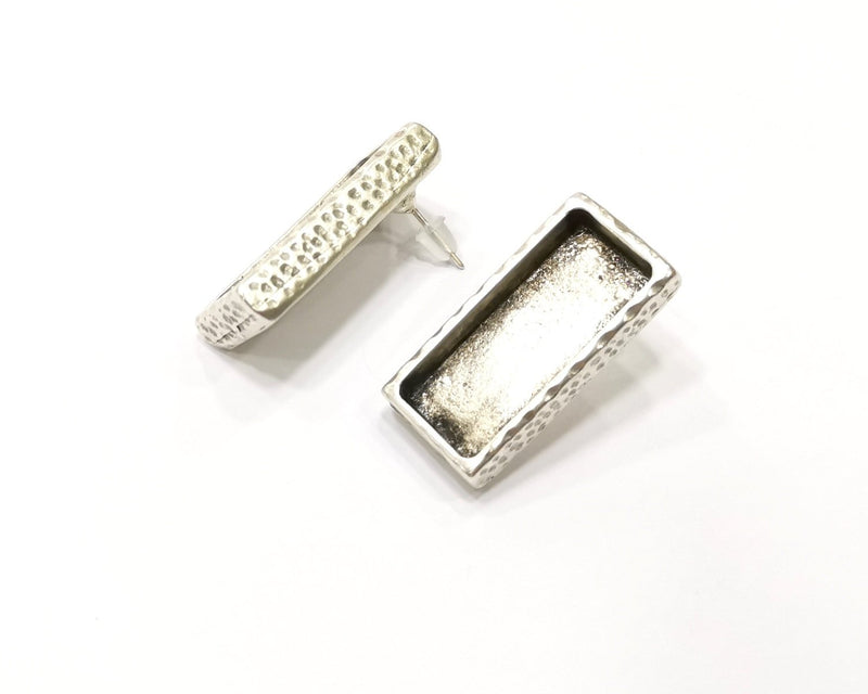 Earring Blank Backs Silver Base Setting Hammered Resin Blank Cabochon Base inlay Mounting Antique Silver Plated (25x10mm) 1 Pair G17159