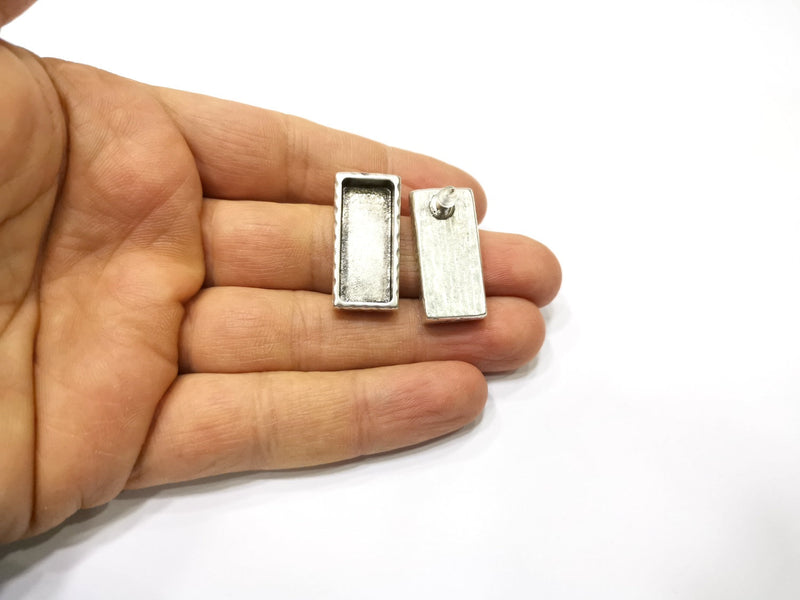 Earring Blank Backs Silver Base Setting Hammered Resin Blank Cabochon Base inlay Mounting Antique Silver Plated (25x10mm) 1 Pair G17159