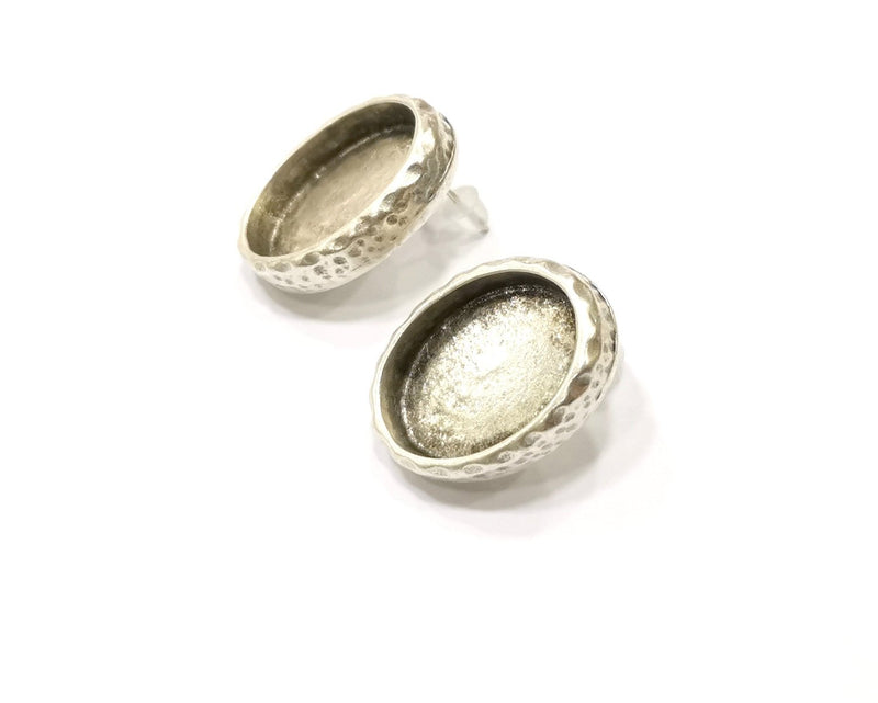 Earring Blank Backs Silver Base Setting Hammered Resin Blank Cabochon Base inlay Mounting Antique Silver Plated (18x13mm) 1 Pair G17160