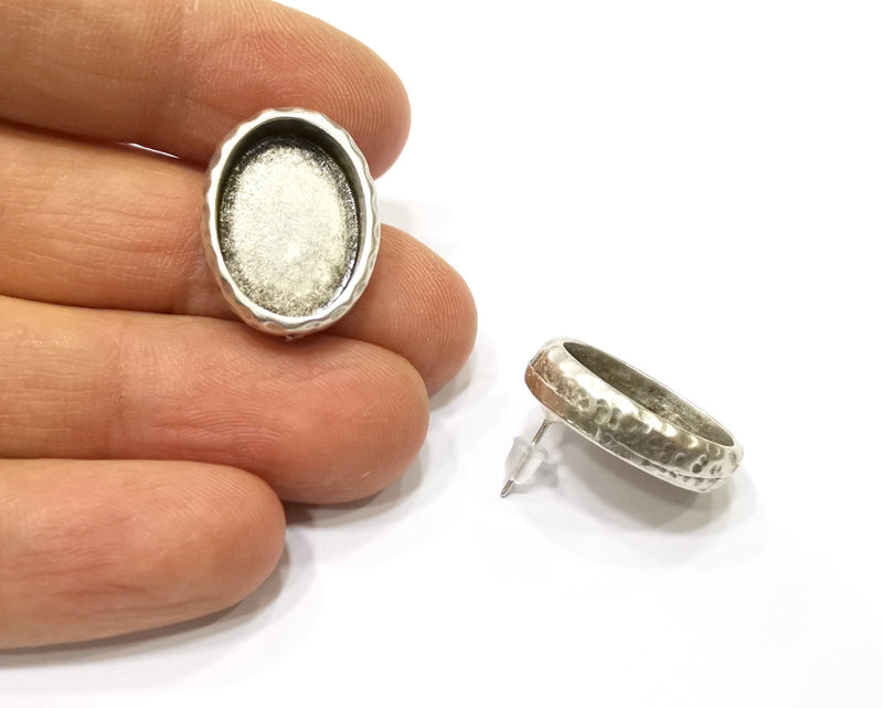 Earring Blank Backs Silver Base Setting Hammered Resin Blank Cabochon Base inlay Mounting Antique Silver Plated (18x13mm) 1 Pair G17160