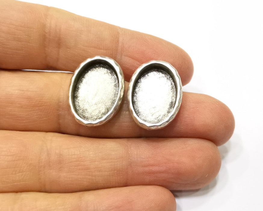 Earring Blank Backs Silver Base Setting Hammered Resin Blank Cabochon Base inlay Mounting Antique Silver Plated (18x13mm) 1 Pair G17160