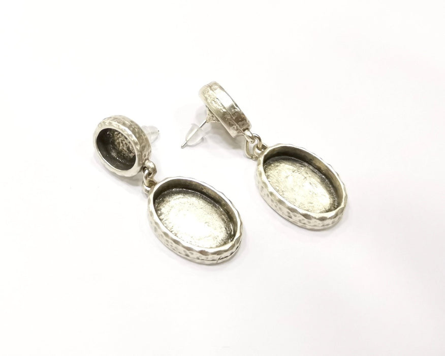 Earring Blank Backs Silver Base Setting Hammered Resin Blank Cabochon Base inlay Mounting Antique Silver Plated (18x13+10x8mm) 1 Pair G17165