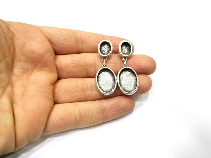 Earring Blank Backs Silver Base Setting Hammered Resin Blank Cabochon Base inlay Mounting Antique Silver Plated (18x13+10x8mm) 1 Pair G17165