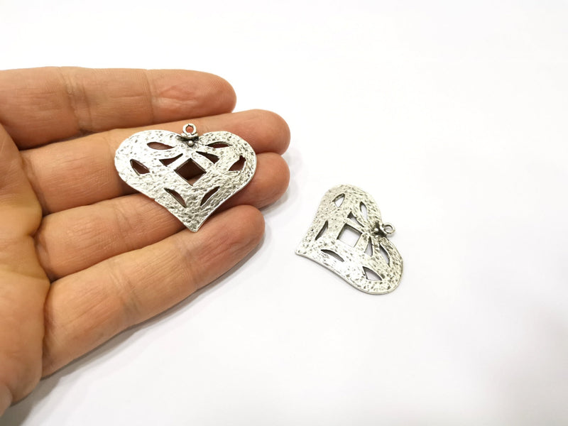 2 Heart Charms Antique Silver Plated Charms (40x32mm)  G17257