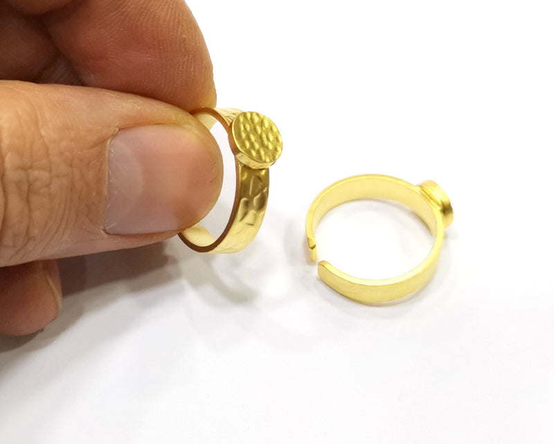 Gold Ring Blank Setting Cabochon Base Ring Hammered Mounting Adjustable Ring Bezel (8mm blank ) Gold Plated Metal G17337