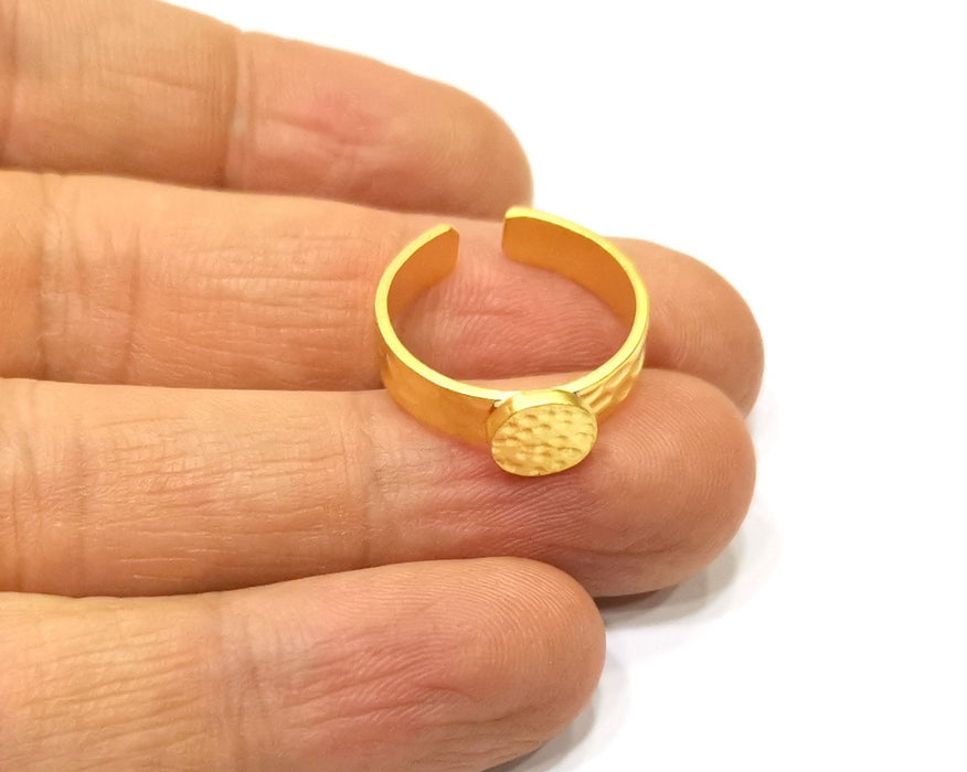 Gold Ring Blank Setting Cabochon Base Ring Hammered Mounting Adjustable Ring Bezel (8mm blank ) Gold Plated Metal G17337