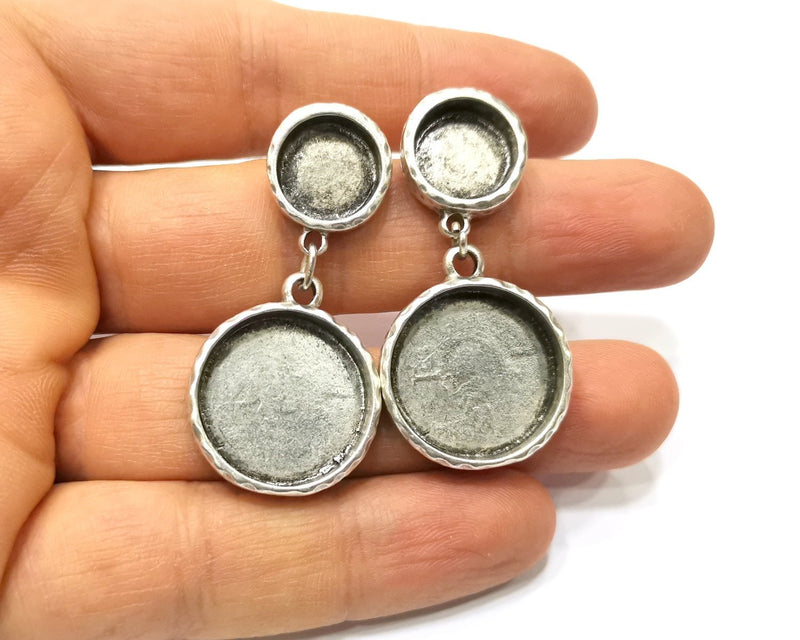 Earring Blank Backs Silver Base Setting Hammered Resin Blank Cabochon Base inlay Mounting Antique Silver Plated (12+22mm) 1 Pair G17464