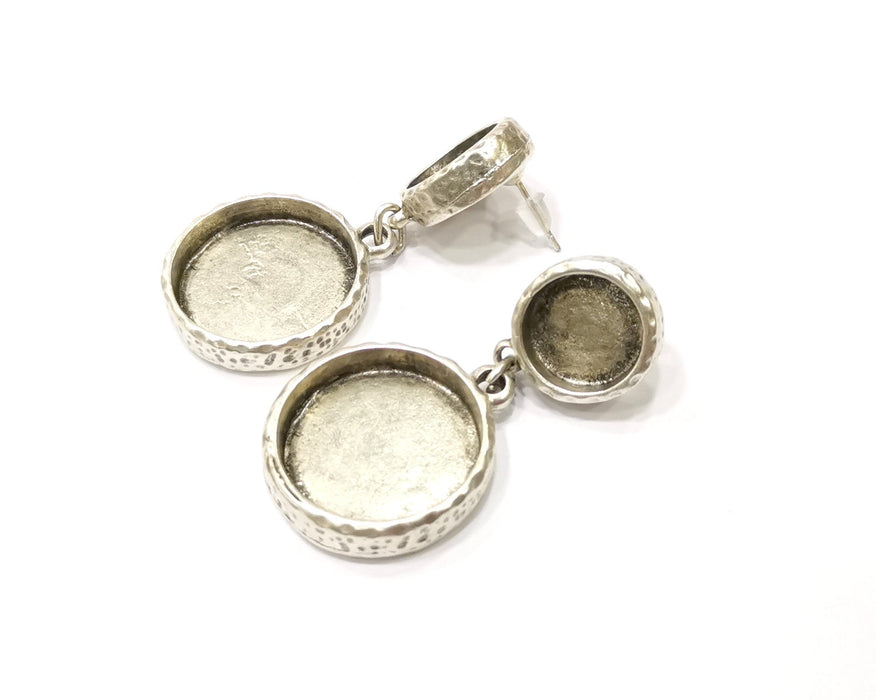 Earring Blank Backs Silver Base Setting Hammered Resin Blank Cabochon Base inlay Mounting Antique Silver Plated (12+22mm) 1 Pair G17464