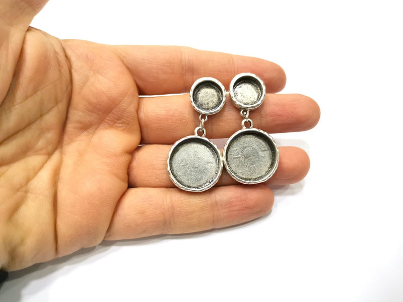 Earring Blank Backs Silver Base Setting Hammered Resin Blank Cabochon Base inlay Mounting Antique Silver Plated (12+22mm) 1 Pair G17464
