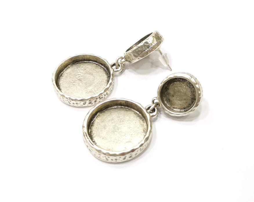 Earring Blank Backs Silver Base Setting Hammered Resin Blank Cabochon Base inlay Mounting Antique Silver Plated (12+22mm) 1 Pair G17464