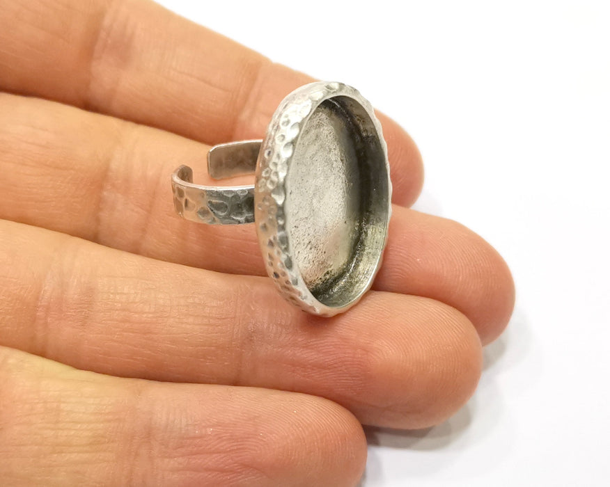 Ring Blank Setting Hammered Ring Base Bezel inlay Ring Backs Glass Cabochon Mounting Adjustable Antique Silver Plated Ring (25x18mm ) G17456