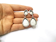 Earring Blank Backs Silver Base Setting Hammered Resin Blank Cabochon Base inlay Mounting Antique Silver Plated (25x18+14x10mm)1 Pair G15848