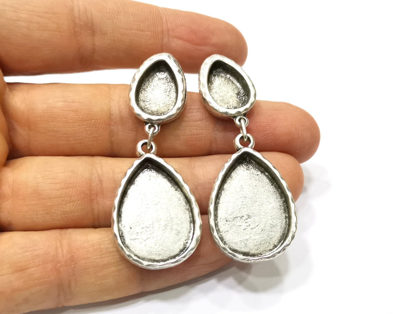 Earring Blank Backs Silver Base Setting Hammered Resin Blank Cabochon Base inlay Mounting Antique Silver Plated (25x18+14x10mm)1 Pair G15848