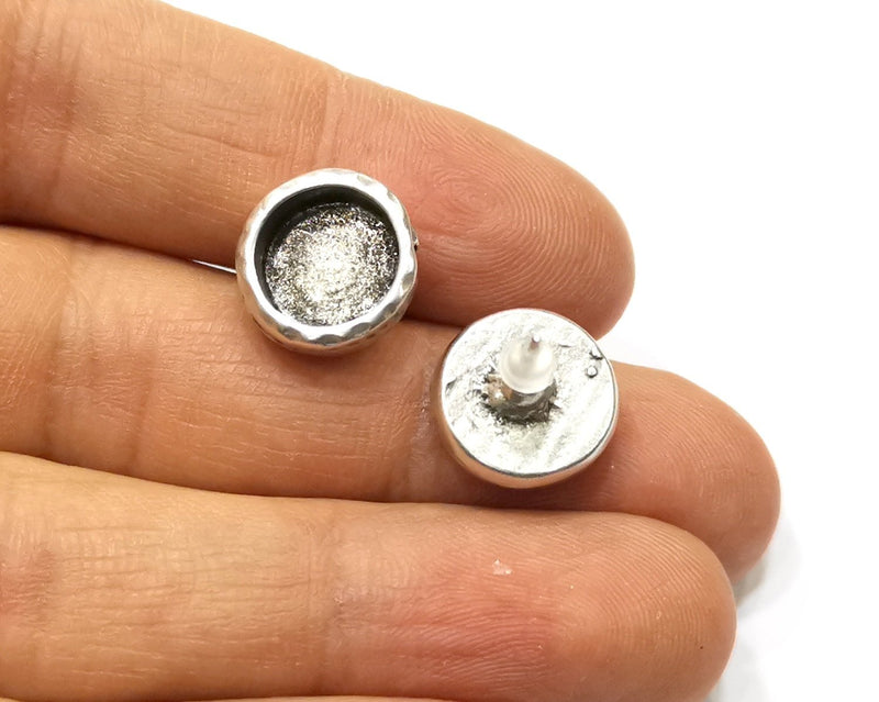 Earring Blank Backs Silver Base Setting Hammered Resin Blank Cabochon Base inlay Mounting Antique Silver Plated (10mm) 1 Pair G17463