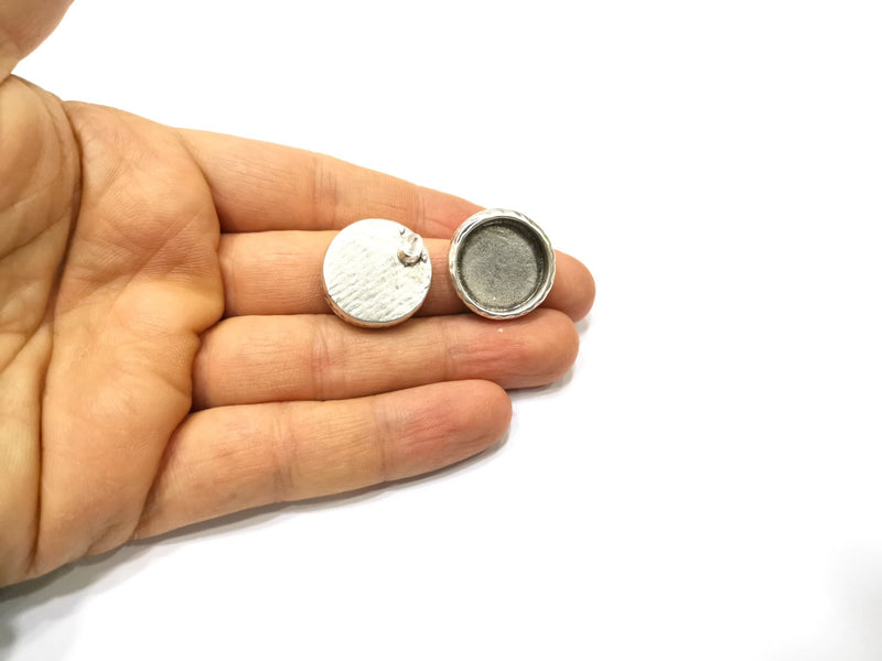 Earring Blank Backs Silver Base Setting Hammered Resin Blank Cabochon Base inlay Mounting Antique Silver Plated (18mm) 1 Pair G17465