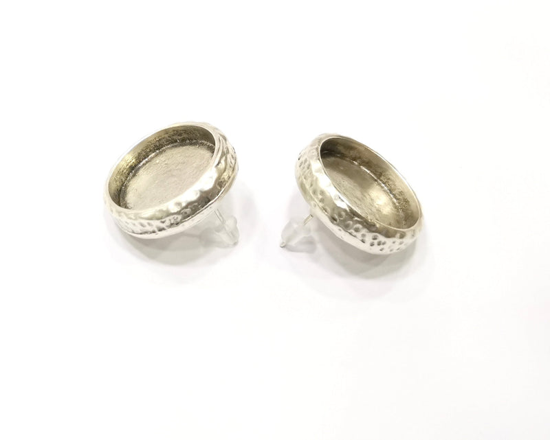 Earring Blank Backs Silver Base Setting Hammered Resin Blank Cabochon Base inlay Mounting Antique Silver Plated (18mm) 1 Pair G17465