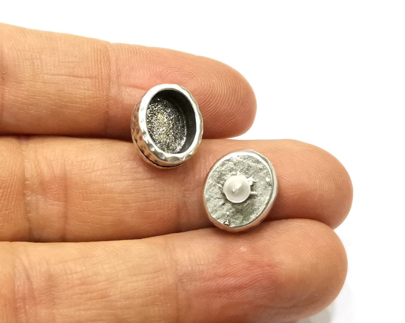 Earring Blank Backs Silver Base Setting Hammered Resin Blank Cabochon Base inlay Mounting Antique Silver Plated (10x8mm) 1 Pair G17466
