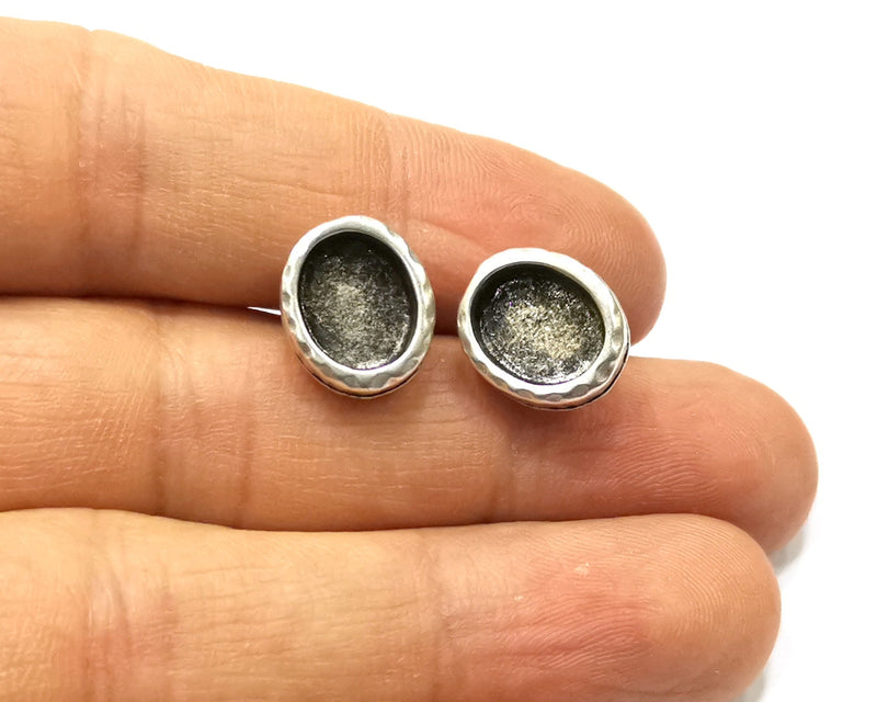 Earring Blank Backs Silver Base Setting Hammered Resin Blank Cabochon Base inlay Mounting Antique Silver Plated (10x8mm) 1 Pair G17466