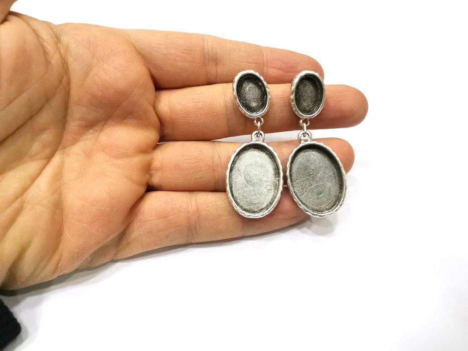Earring Blank Backs Silver Base Setting Hammered Resin Blank Cabochon Base inlay Mounting Antique Silver Plated (25x18+14x10mm)1 Pair G17467